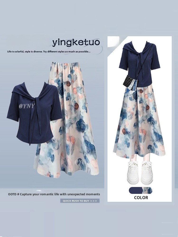 Midi Skirt Floral - Zarif Sade Günlük Kısa Kollu Çiçek