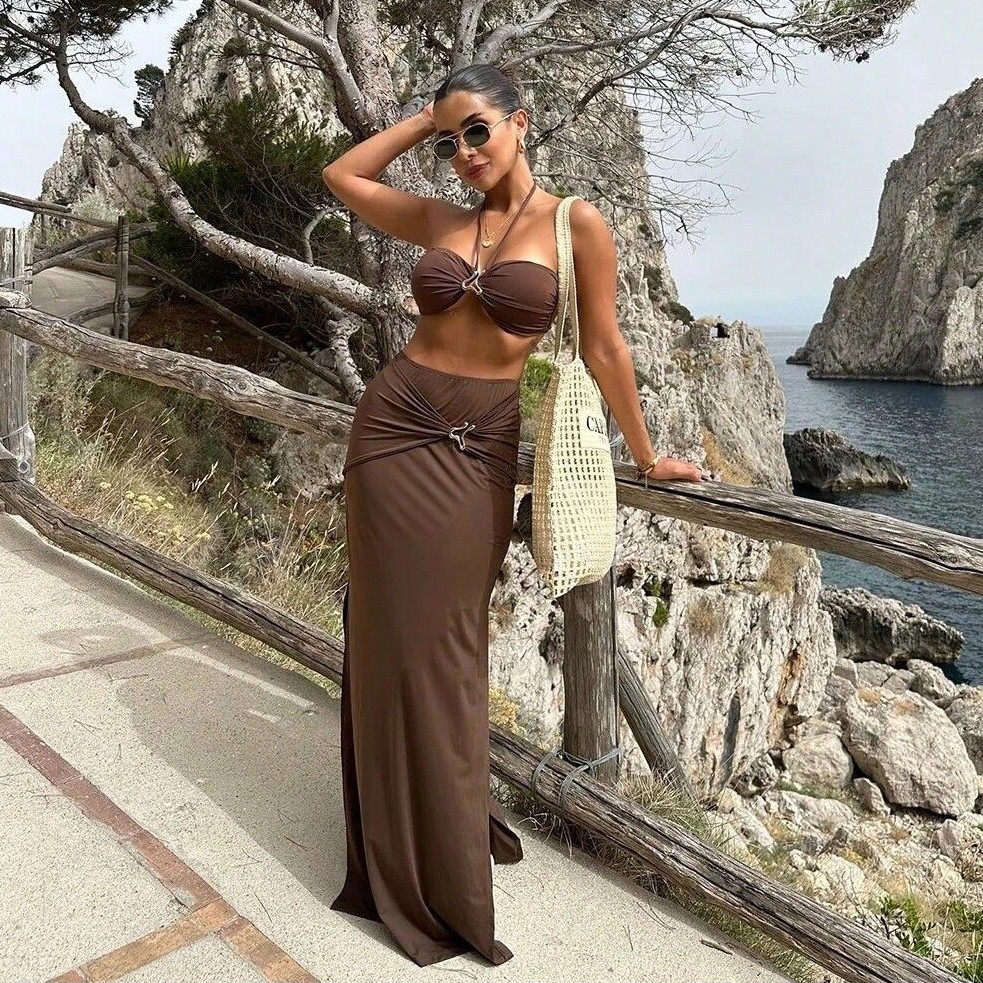 Swimsuit Bikini Ruched - Kadın Kolsuz Tankini Bikini Boyundan Bağlamalı